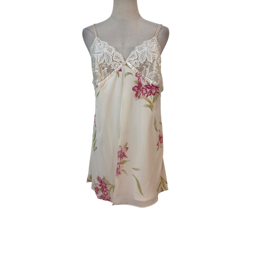 y2k Valerie Stevens Babydoll slip cami Top L Floral split front lace coquette